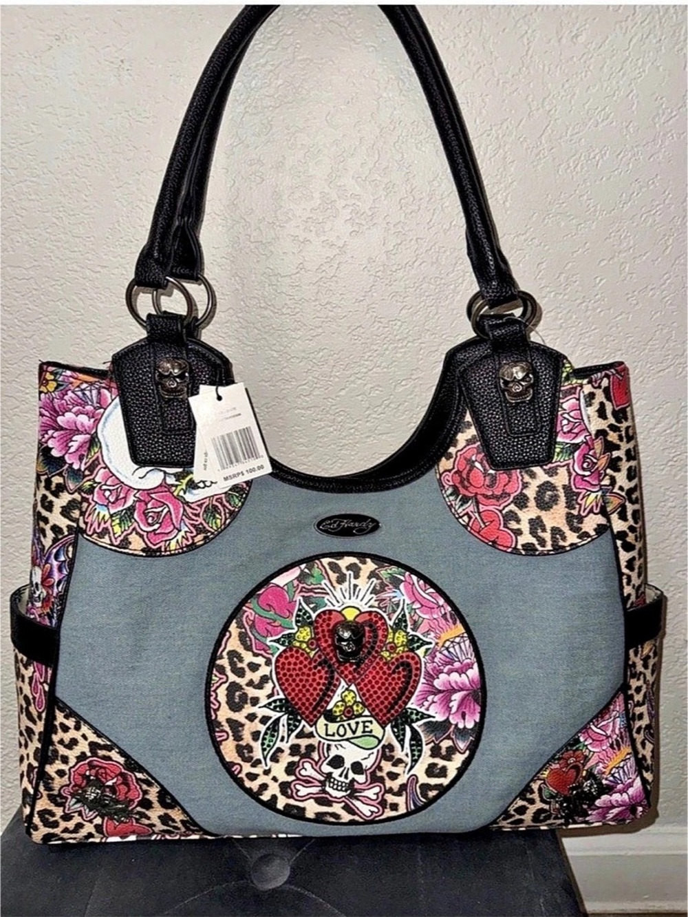 Ed Hardy Cheetah Denim Tattoo Print Tote Bag Gray & Pink